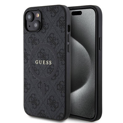 Apple iPhone 15 Plus Guess Original Licensed Magsafe Charging Featured 4G Patterned Text Logo Cover Black