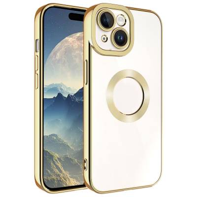 Apple iPhone 15 Plus Kılıf Kamera Korumalı Logo Gösteren Zore Omega Kapak Gold