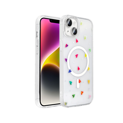 Apple iPhone 15 Plus Kılıf M-Safe Şarj Özellikli Şeffaf Zore Folk Sert Kapak Kalp