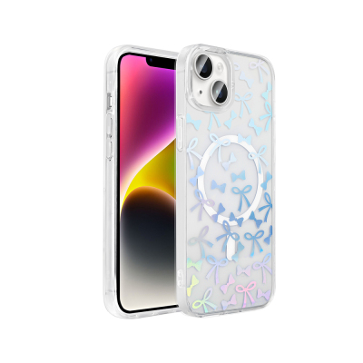 Apple iPhone 15 Plus Kılıf M-Safe Şarj Özellikli Şeffaf Zore Folk Sert Kapak Fiyonk
