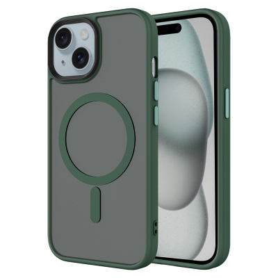 Apple iPhone 15 Plus Kılıf Mat Arka Yüzey Wireless Şarj Özellikli Zore Flet M-safe Kapak Koyu Yeşil