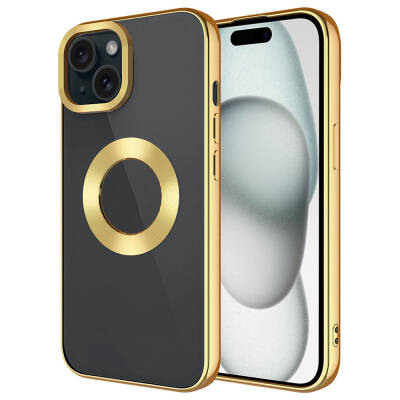 Apple iPhone 15 Plus Kılıf Tek Kamera Çerçeveli Logo Gösteren Zore Omega Kapak Gold