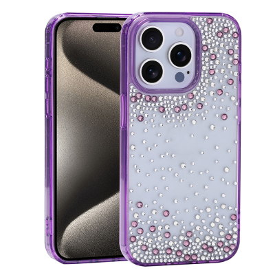 Apple iPhone 15 Pro Case Airbag Design Drop Stone Embellished Transparent Zore Pera Silicone Cover Purple