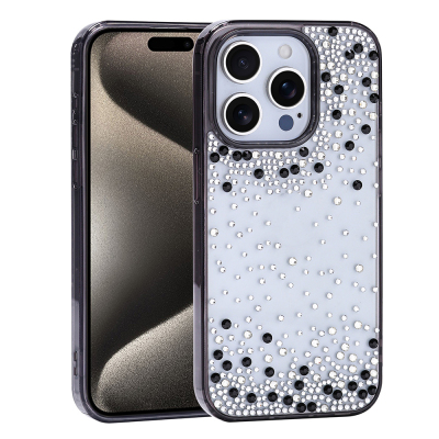 Apple iPhone 15 Pro Case Airbag Design Drop Stone Embellished Transparent Zore Pera Silicone Cover Black