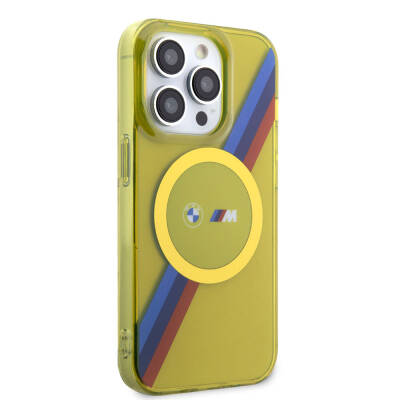 Apple iPhone 15 Pro Case BMW Magsafe Transparent Tricolor Stripes Original Licensed Cover with Charging Feature Yellow