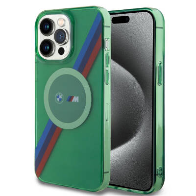 Apple iPhone 15 Pro Case BMW Magsafe Transparent Tricolor Stripes Original Licensed Cover with Charging Feature Green