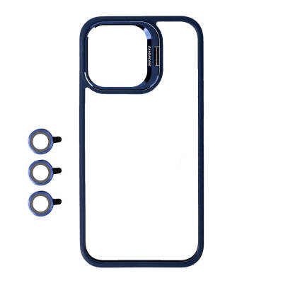 Apple iPhone 15 Pro Case Camera Lens Protection Zore Clone Lens Cover with Stand Navy blue