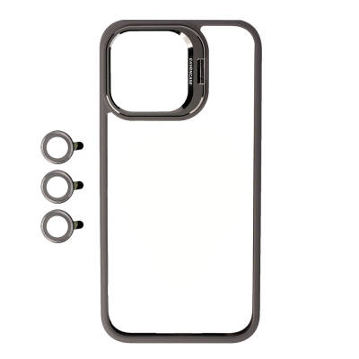 Apple iPhone 15 Pro Case Camera Lens Protection Zore Clone Lens Cover with Stand Grey