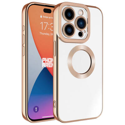 Apple iPhone 15 Pro Case Camera Protection Zore Omega Cover Showing Logo Rose Gold