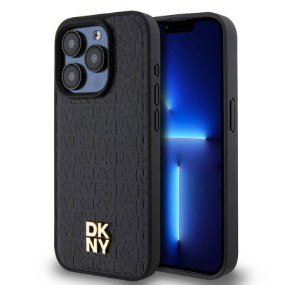 Apple iPhone 15 Pro Case DKNY Original Licensed Magsafe Charging Feature 3D Written Repeat Pattern Cover Black