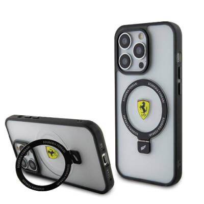 Apple iPhone 15 Pro Case Ferrari Magsafe Frosted Surface Design Cover with Charging Feature Stand Black