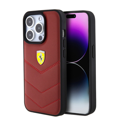 Apple iPhone 15 Pro Case Ferrari Original Licensed Leather Stitched Back Cover with Metal Logo Design Red