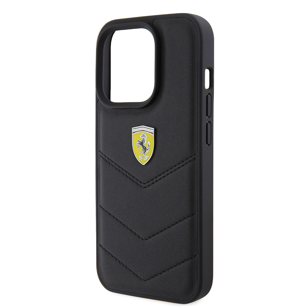 Apple iPhone 15 Pro Case Ferrari Original Licensed Leather Stitched Back Cover with Metal Logo Design - 15