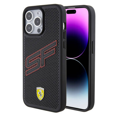  Apple iPhone 15 Pro Case Ferrari Original Licensed PU Perforated Back Surface Metal Logo Stitched Large SF Lettering Cover Black