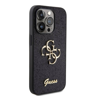 Apple iPhone 15 Pro Case Guess Original Licensed 4G Glitter Cover with Large Metal Logo Black