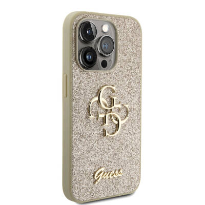 Apple iPhone 15 Pro Case Guess Original Licensed 4G Glitter Cover with Large Metal Logo Gold