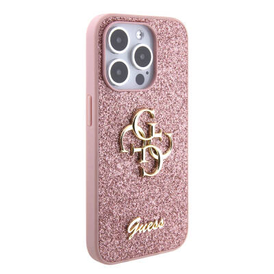 Apple iPhone 15 Pro Case Guess Original Licensed 4G Glitter Cover with Large Metal Logo Pink