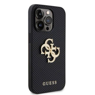 Apple iPhone 15 Pro Case Guess Original Licensed Cover with Perforated Text and 4G Glitter Large Metal Logo Black