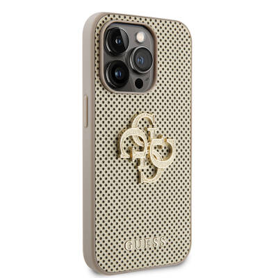 Apple iPhone 15 Pro Case Guess Original Licensed Cover with Perforated Text and 4G Glitter Large Metal Logo Gold