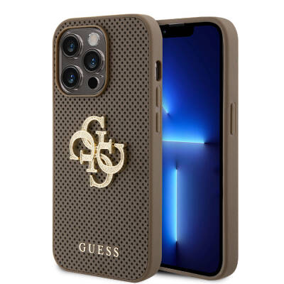 Apple iPhone 15 Pro Case Guess Original Licensed Cover with Perforated Text and 4G Glitter Large Metal Logo Brown