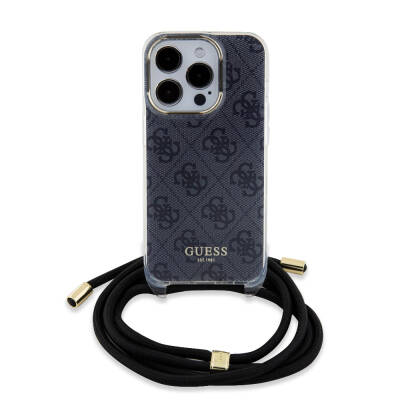 Apple iPhone 15 Pro Case Guess Original Licensed Cross Cord 4G Patterned Cover Black