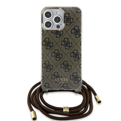 Apple iPhone 15 Pro Case Guess Original Licensed Cross Cord 4G Patterned Cover Brown