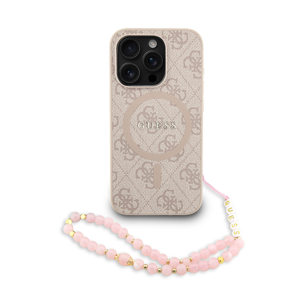 Apple iPhone 15 Pro Case Guess Original Licensed M-safe Charging Feature PU Leather Wrist Strap Rope Cover Text Logo - 10
