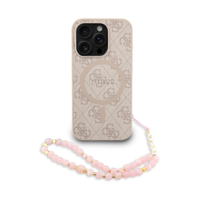 Apple iPhone 15 Pro Case Guess Original Licensed M-safe Charging Feature PU Leather Wrist Strap Rope Cover Text Logo Pink
