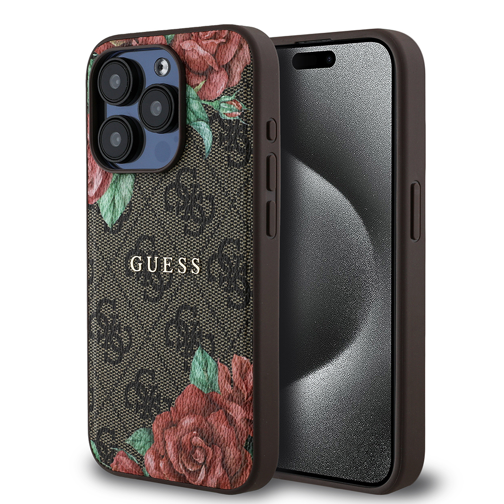 Apple iPhone 15 Pro Case Guess Original Licensed Magsafe Charging Feature Rose Printed 4G Patterned Text Logo Cover - 1