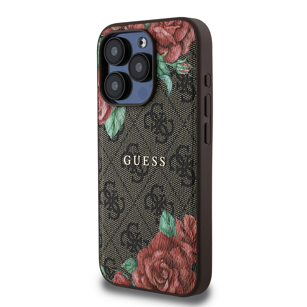 Apple iPhone 15 Pro Case Guess Original Licensed Magsafe Charging Feature Rose Printed 4G Patterned Text Logo Cover - 4