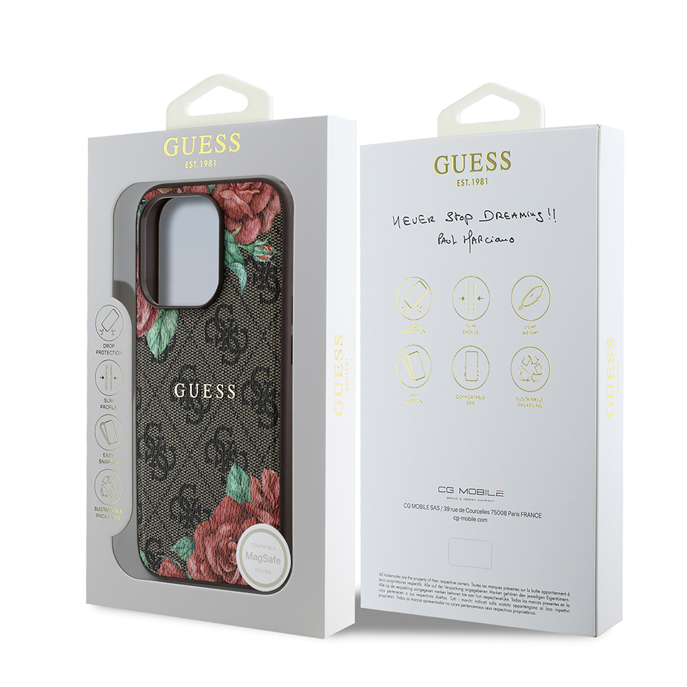 Apple iPhone 15 Pro Case Guess Original Licensed Magsafe Charging Feature Rose Printed 4G Patterned Text Logo Cover - 10