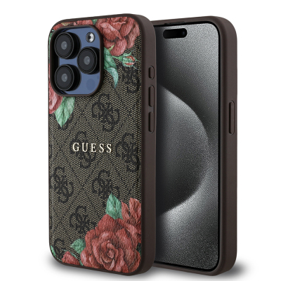 Apple iPhone 15 Pro Case Guess Original Licensed Magsafe Charging Feature Rose Printed 4G Patterned Text Logo Cover Brown