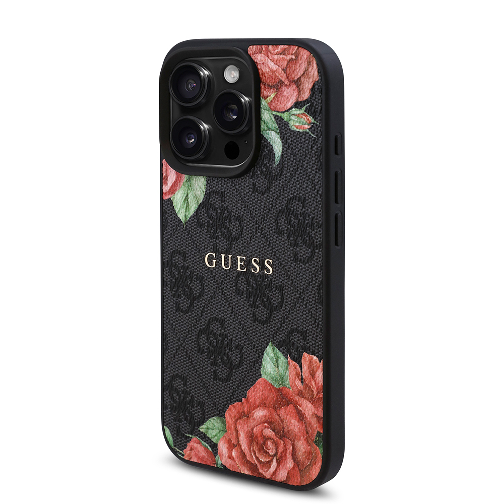 Apple iPhone 15 Pro Case Guess Original Licensed Magsafe Charging Feature Rose Printed 4G Patterned Text Logo Cover - 11