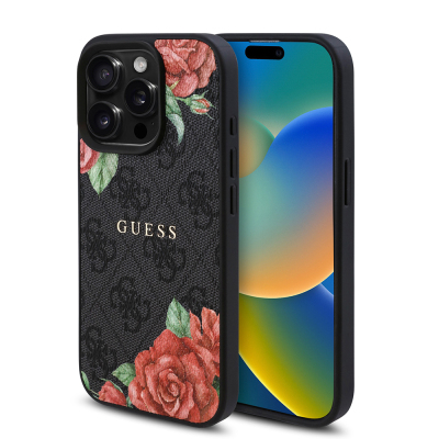 Apple iPhone 15 Pro Case Guess Original Licensed Magsafe Charging Feature Rose Printed 4G Patterned Text Logo Cover Black