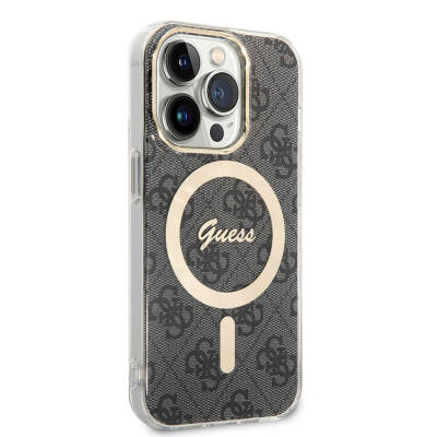 Apple iPhone 15 Pro Case Guess Original Licensed Magsafe Charging Featured 4G Patterned Cover with Text Logo Black