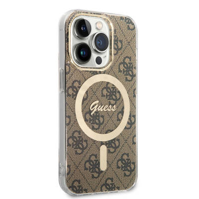 Apple iPhone 15 Pro Case Guess Original Licensed Magsafe Charging Featured 4G Patterned Cover with Text Logo Brown