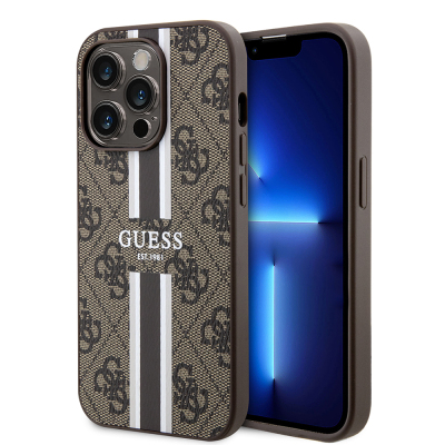 Apple iPhone 15 Pro Case Guess Original Licensed Magsafe Charging Featured 4G Strip Design Printed Cover Brown