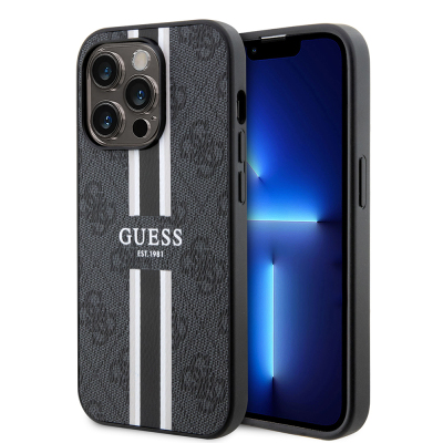 Apple iPhone 15 Pro Case Guess Original Licensed Magsafe Charging Featured 4G Strip Design Printed Cover Black