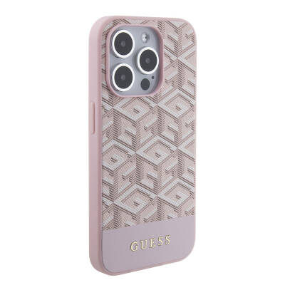 Apple iPhone 15 Pro Case Guess Original Licensed Magsafe Charging Featured GCube Patterned Cover with Text Logo Pink