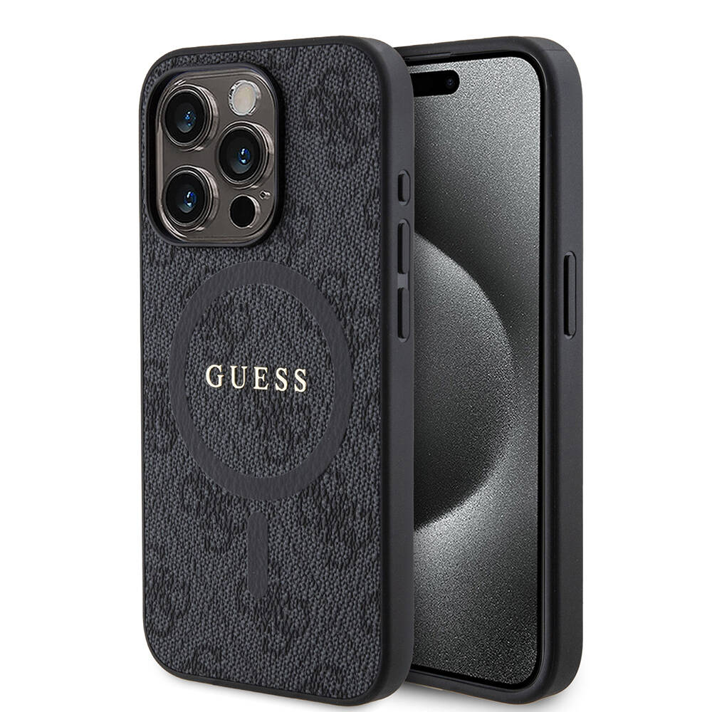Apple iPhone 15 Pro Case Guess Original Licensed Magsafe Charging Featured PU Ring 4G Patterned Text Logo Cover - 2