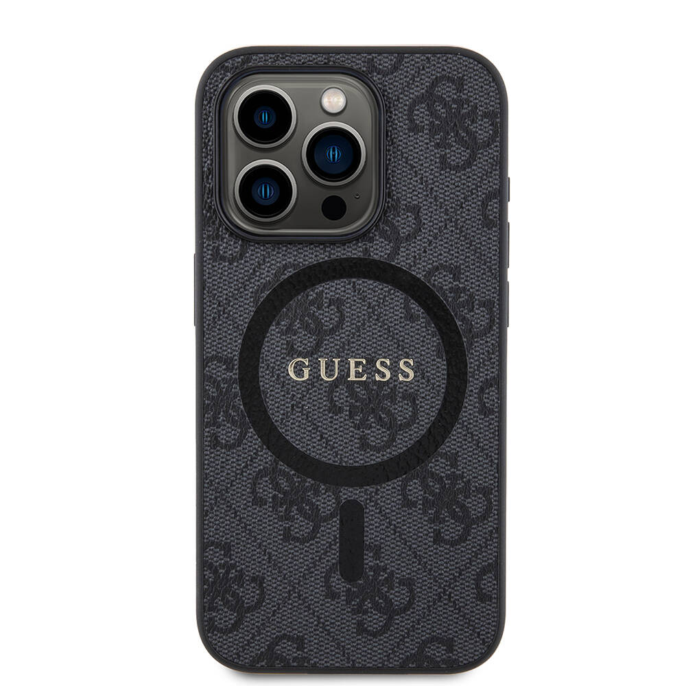 Apple iPhone 15 Pro Case Guess Original Licensed Magsafe Charging Featured PU Ring 4G Patterned Text Logo Cover - 9