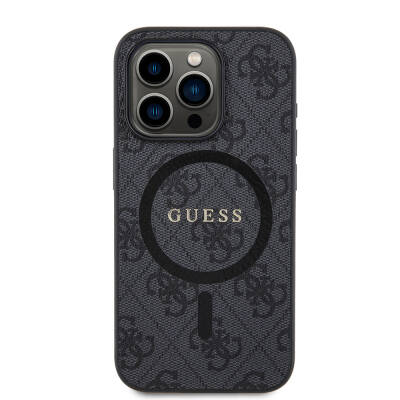 Apple iPhone 15 Pro Case Guess Original Licensed Magsafe Charging Featured PU Ring 4G Patterned Text Logo Cover Black