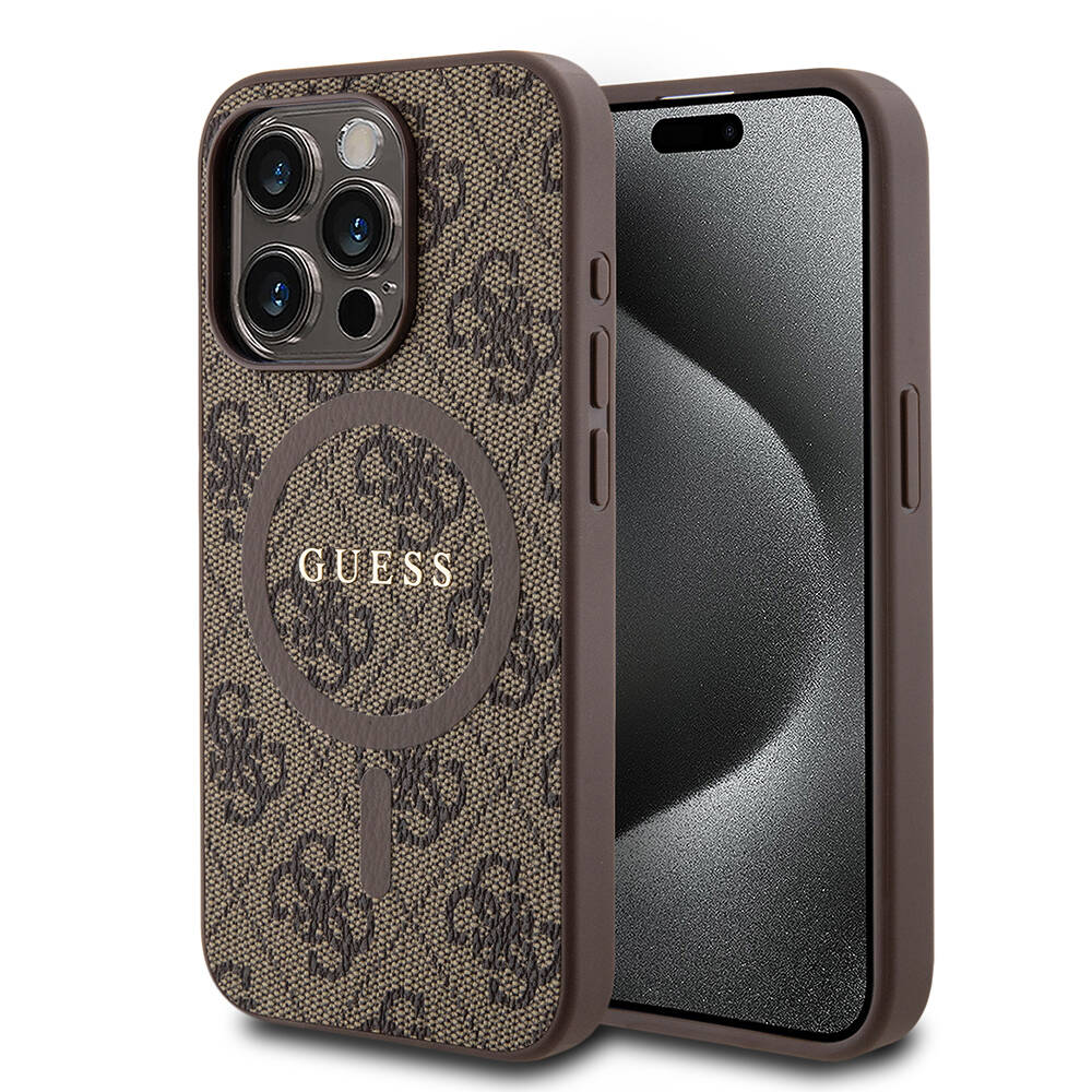 Apple iPhone 15 Pro Case Guess Original Licensed Magsafe Charging Featured PU Ring 4G Patterned Text Logo Cover - 1