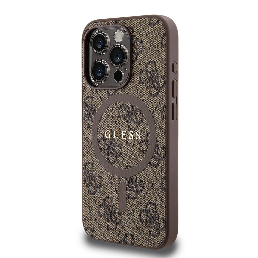 Apple iPhone 15 Pro Case Guess Original Licensed Magsafe Charging Featured PU Ring 4G Patterned Text Logo Cover - 10