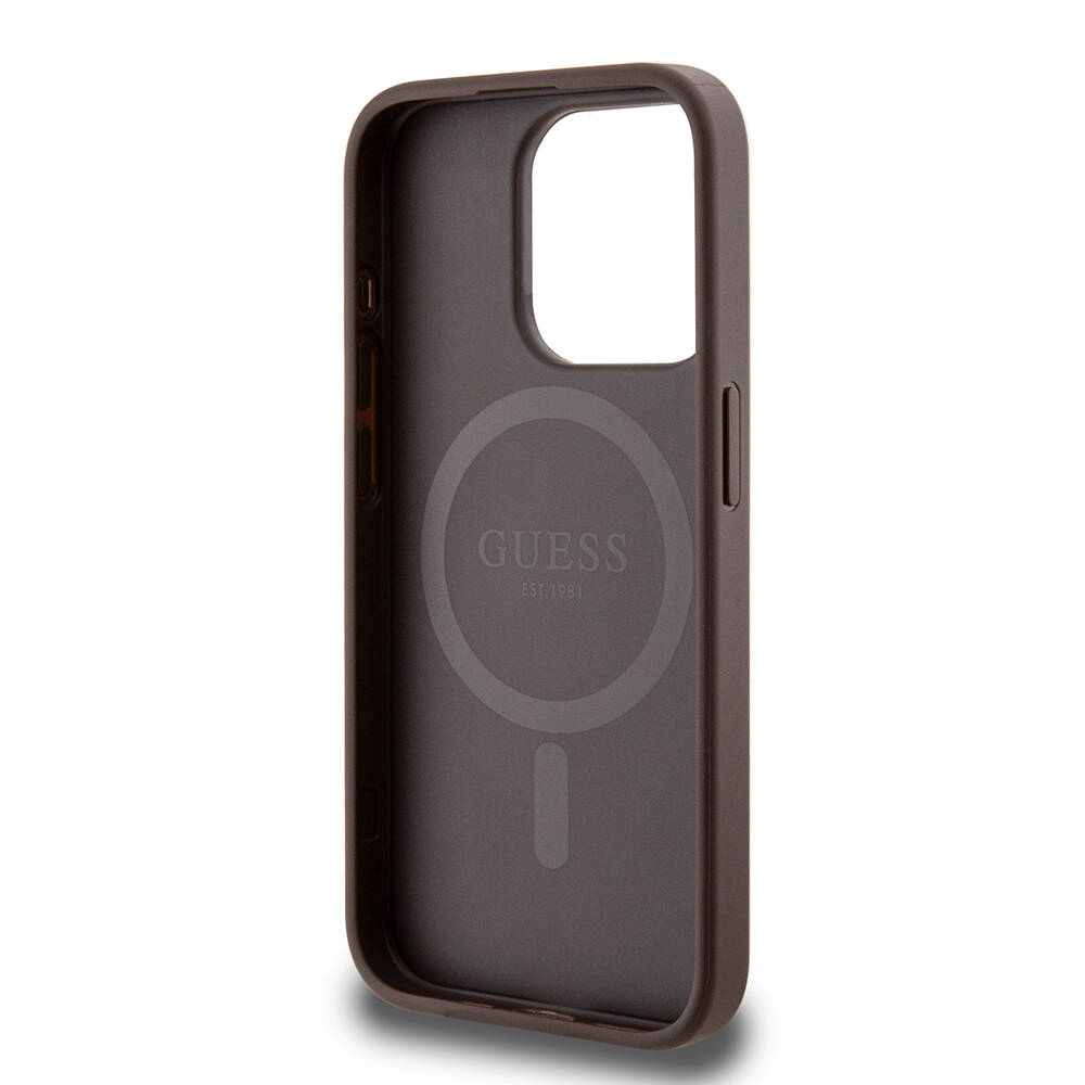 Apple iPhone 15 Pro Case Guess Original Licensed Magsafe Charging Featured PU Ring 4G Patterned Text Logo Cover - 14