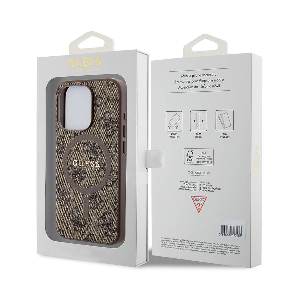 Apple iPhone 15 Pro Case Guess Original Licensed Magsafe Charging Featured PU Ring 4G Patterned Text Logo Cover - 15
