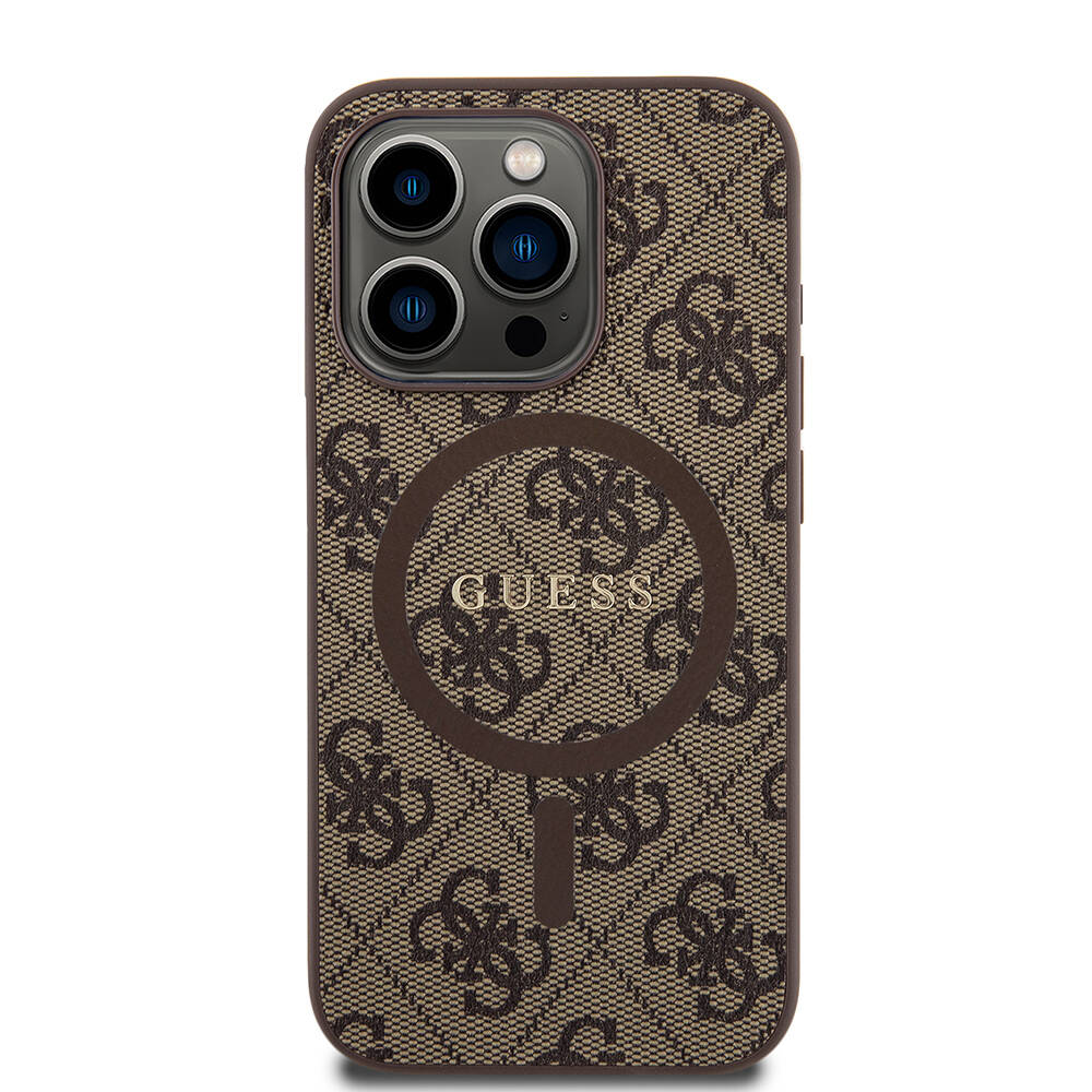 Apple iPhone 15 Pro Case Guess Original Licensed Magsafe Charging Featured PU Ring 4G Patterned Text Logo Cover - 16
