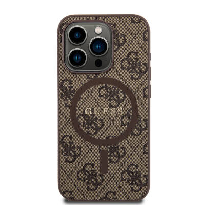 Apple iPhone 15 Pro Case Guess Original Licensed Magsafe Charging Featured PU Ring 4G Patterned Text Logo Cover Brown