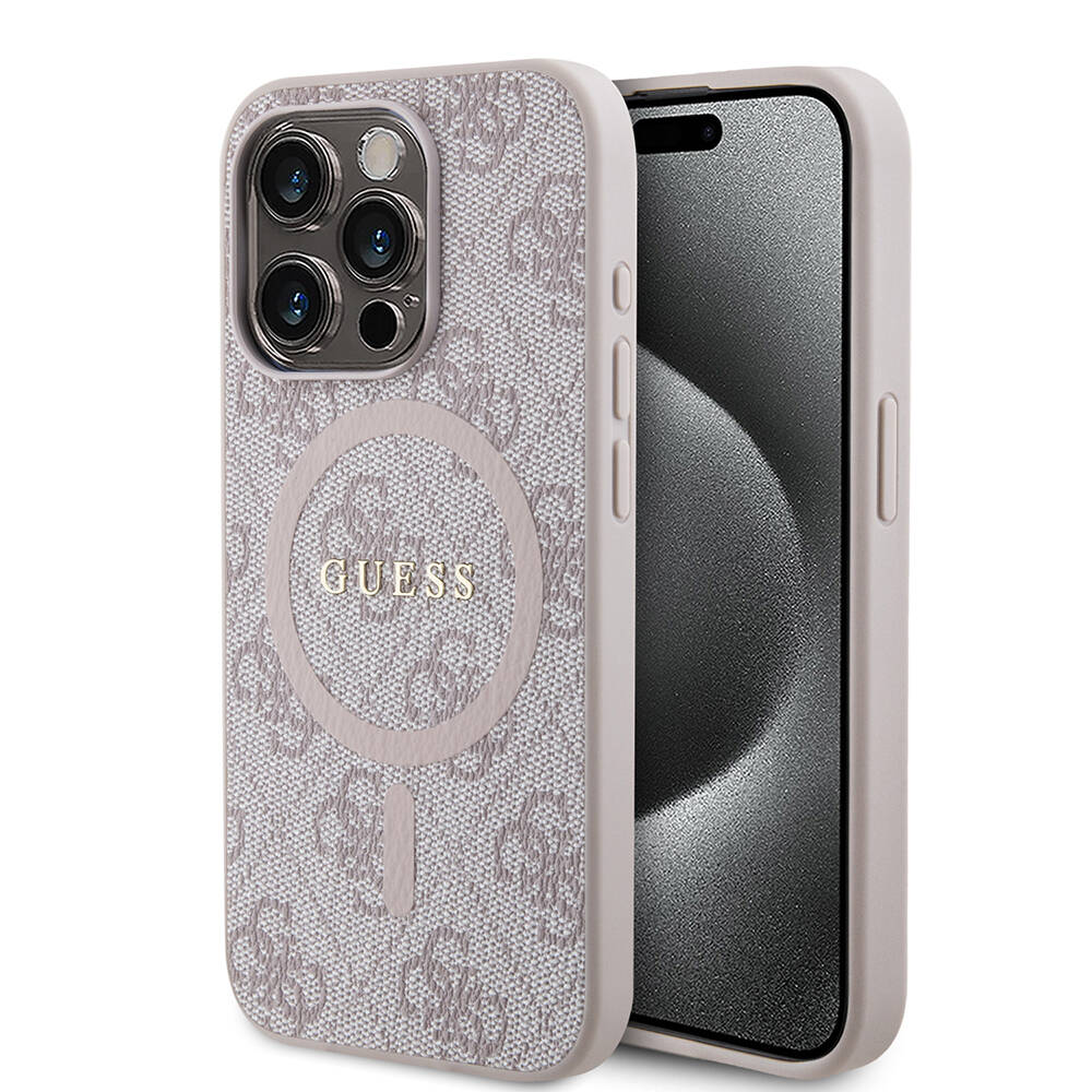 Apple iPhone 15 Pro Case Guess Original Licensed Magsafe Charging Featured PU Ring 4G Patterned Text Logo Cover - 17