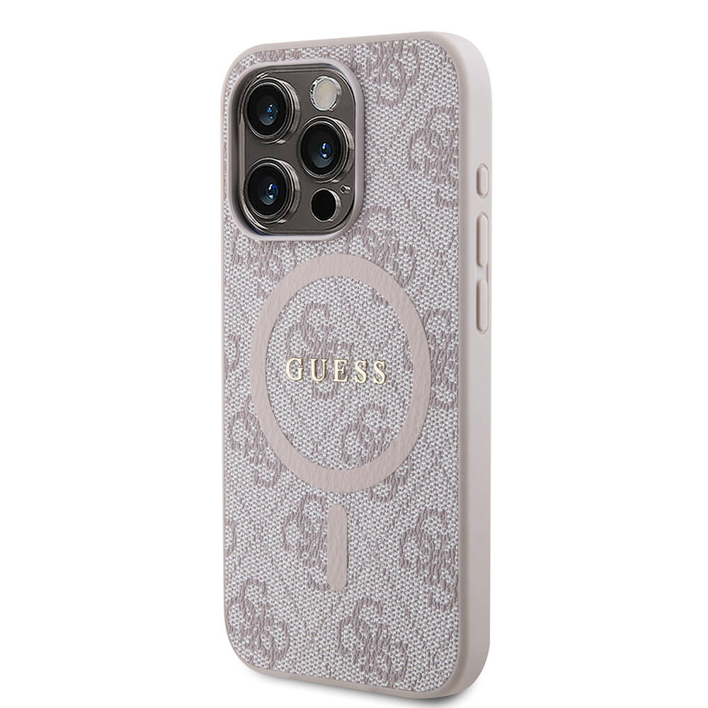 Apple iPhone 15 Pro Case Guess Original Licensed Magsafe Charging Featured PU Ring 4G Patterned Text Logo Cover - 18